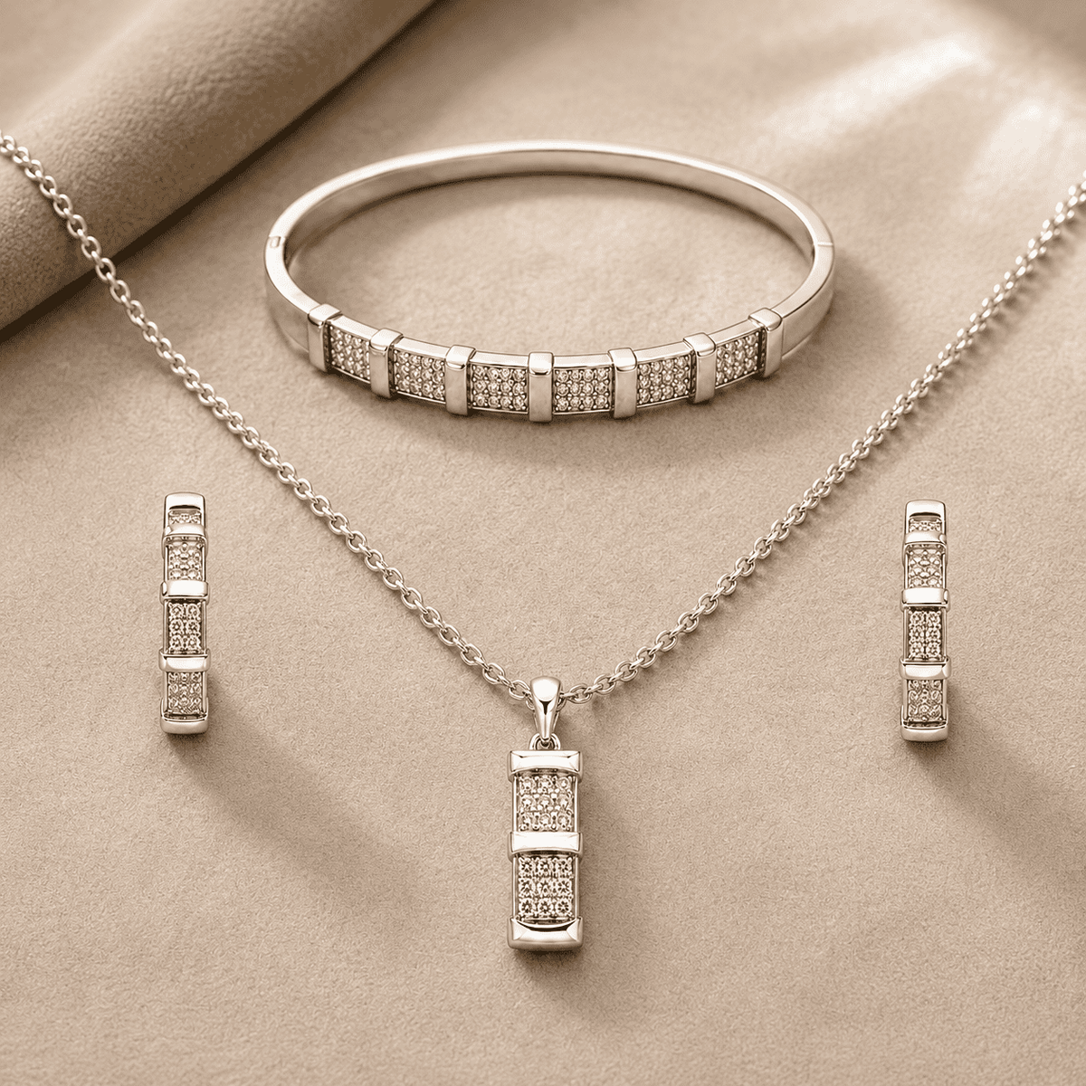 The "Out of Office" 3-Piece Power Set — Silver-Tone Grid 3-Piece Jewellery Set by House of Zena, side angle