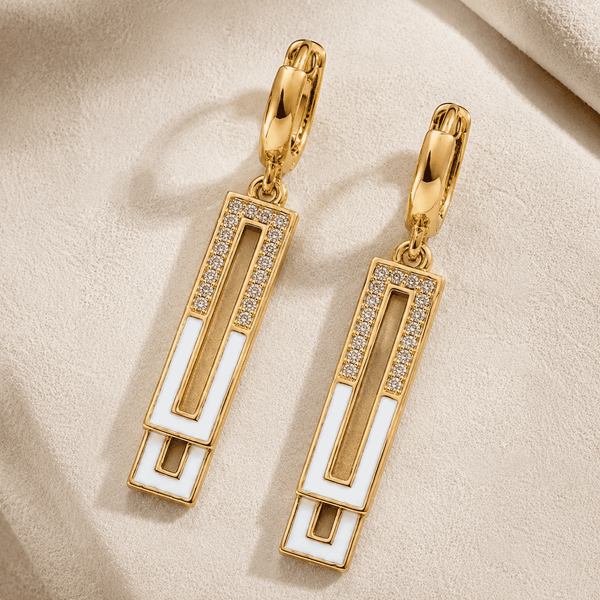 The Great Gatsby Prism Drops — Gold Plated Geo Drop Earrings by House of Zena, styled on model — Anti-Tarnish Waterproof Jewellery | House of Zena
