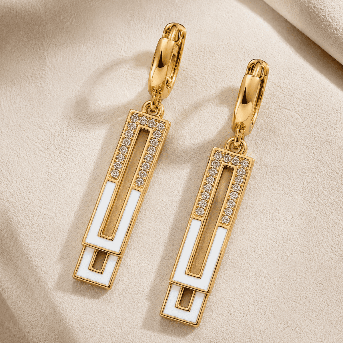 The Great Gatsby Prism Drops — Gold Plated Geo Drop Earrings by House of Zena, styled on model