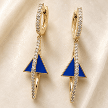 The Blue Curacao Prism Drops — Gold Plated Azure Prism Drop Earrings by House of Zena, worn on model