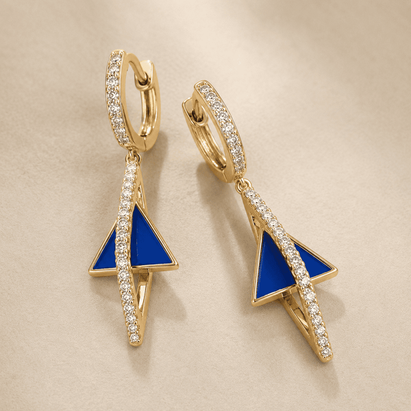 The Blue Curacao Prism Drops — Gold Plated Azure Prism Drop Earrings by House of Zena, styled on model — Anti-Tarnish Waterproof Jewellery | House of Zena