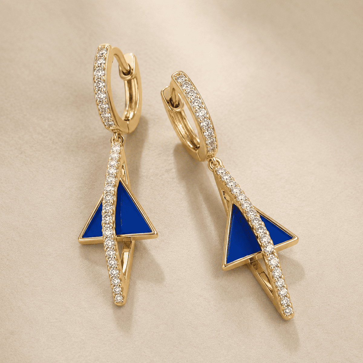 The Blue Curacao Prism Drops — Gold Plated Azure Prism Drop Earrings by House of Zena, styled on model