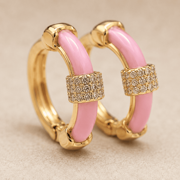 The Strawberry Milk Huggies — Gold Plated Blush Halo Huggie Earrings by House of Zena, styled on model — Anti-Tarnish Waterproof Jewellery | House of Zena