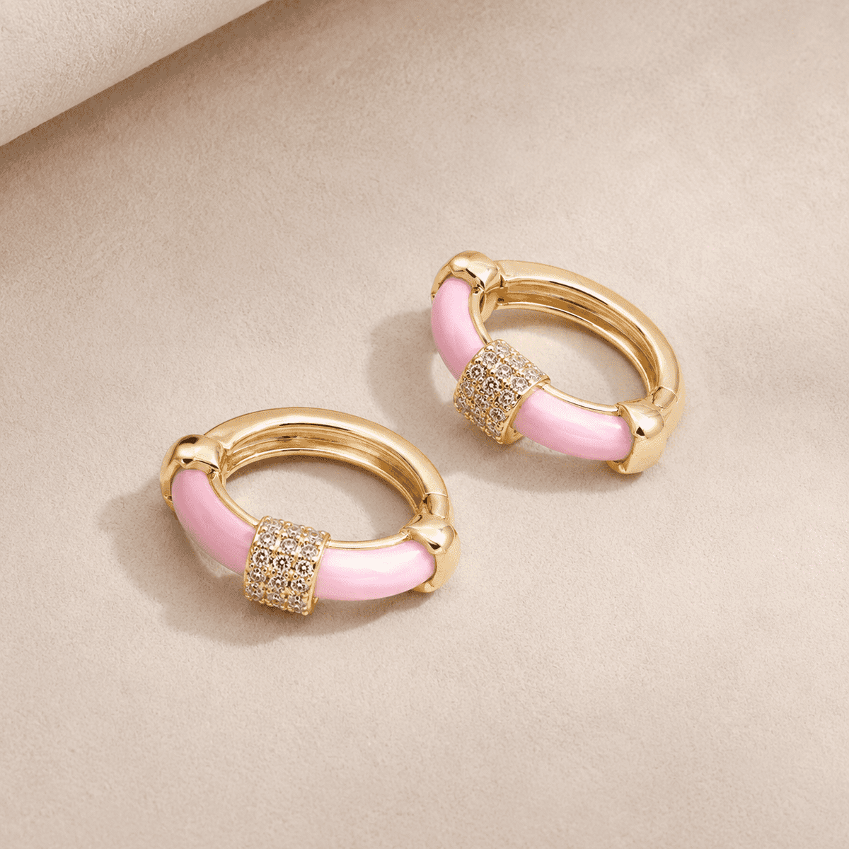 The Strawberry Milk Huggies — Gold Plated Blush Halo Huggie Earrings by House of Zena, side angle