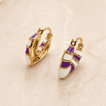 The Lavender Swirl Huggies — Gold Plated Amethyst Swirl Huggie Earrings by House of Zena, styled on model