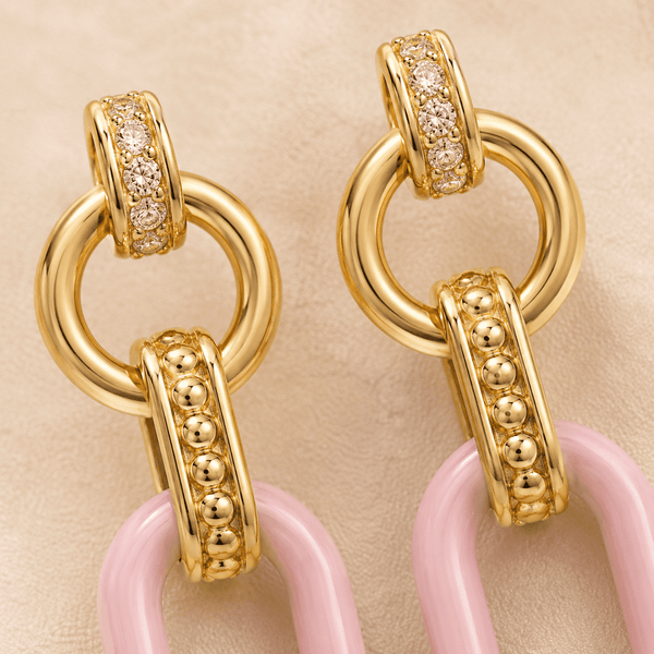 The Pink Lemonade Link Drops — Gold Plated Blush Link Drop Earrings by House of Zena, styled on model — Anti-Tarnish Waterproof Jewellery | House of Zena