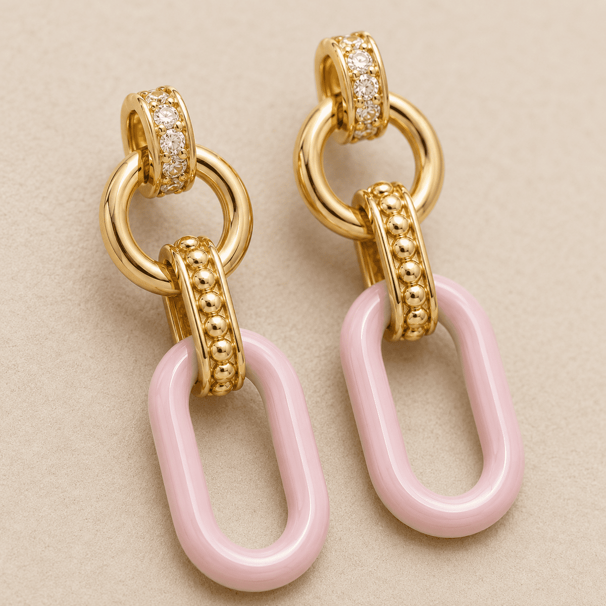 The Pink Lemonade Link Drops — Gold Plated Blush Link Drop Earrings by House of Zena, close-up detail