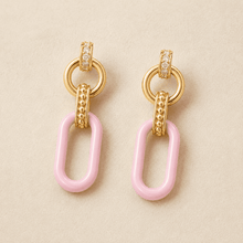 The Pink Lemonade Link Drops — Gold Plated Blush Link Drop Earrings by House of Zena, worn on model