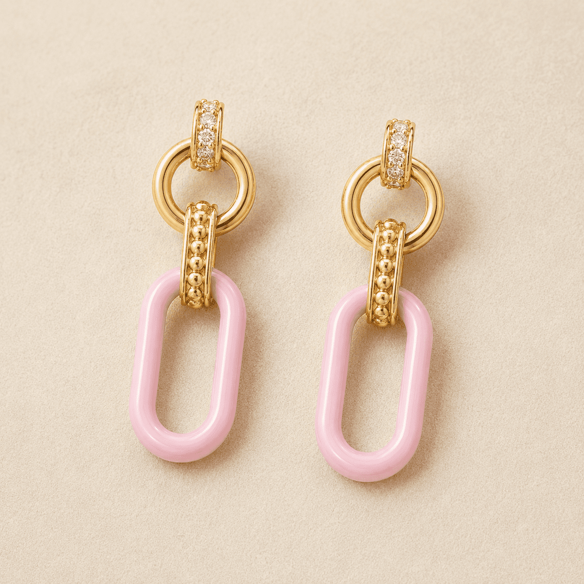 The Pink Lemonade Link Drops — Gold Plated Blush Link Drop Earrings by House of Zena, worn on model