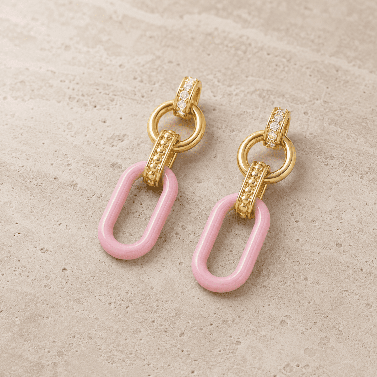 The Pink Lemonade Link Drops — Gold Plated Blush Link Drop Earrings by House of Zena, side angle