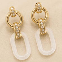 The Vanilla Bean Link Drops — Gold Plated Ivory Link Drop Earrings by House of Zena, styled on model