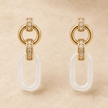 The Vanilla Bean Link Drops — Gold Plated Ivory Link Drop Earrings by House of Zena, worn on model