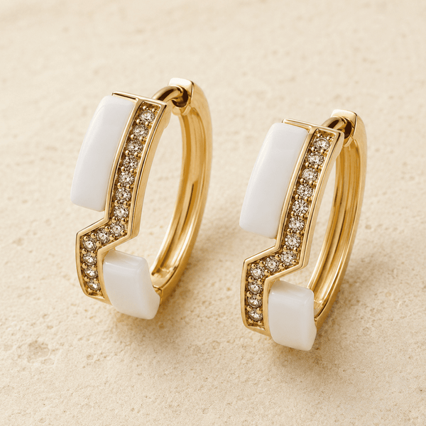 The Oyster Pearl Crescent Hoops — Gold Plated Pearl Curve Hoop Earrings by House of Zena, styled on model — Anti-Tarnish Waterproof Jewellery | House of Zena
