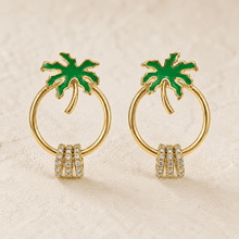The Coconut Tree Resort Hoops — Gold Plated Palm Aura Crystal Hoop Earrings by House of Zena, worn on model