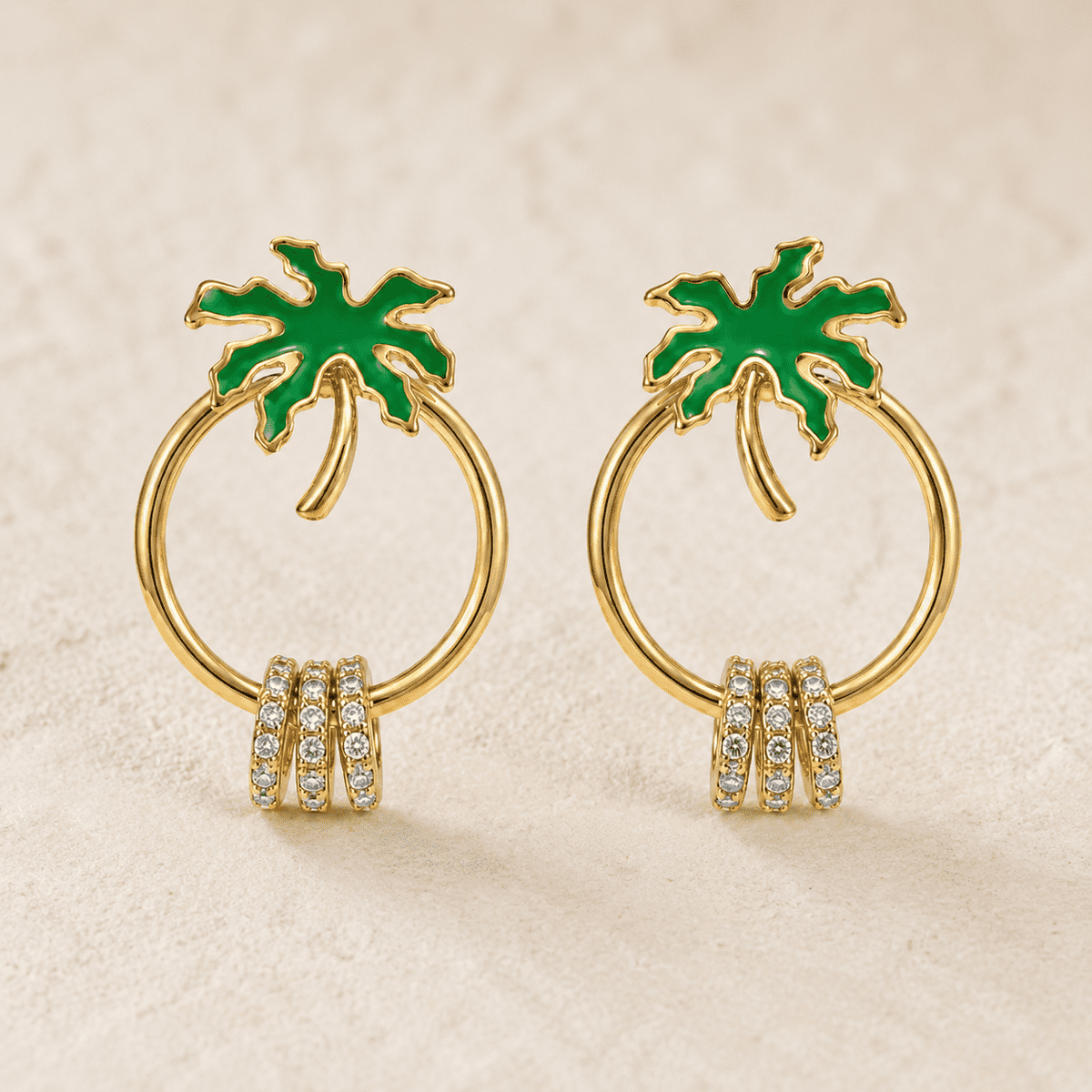 The Coconut Tree Resort Hoops — Gold Plated Palm Aura Crystal Hoop Earrings by House of Zena, worn on model