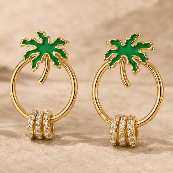 The Coconut Tree Resort Hoops — Gold Plated Palm Aura Crystal Hoop Earrings by House of Zena, styled on model — Anti-Tarnish Waterproof Jewellery | House of Zena