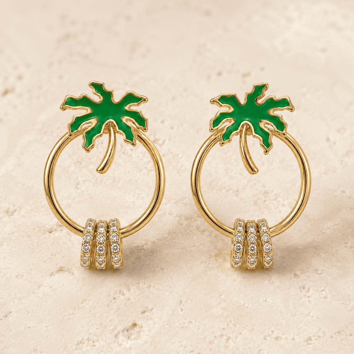 The Coconut Tree Resort Hoops — Gold Plated Palm Aura Crystal Hoop Earrings by House of Zena, side angle