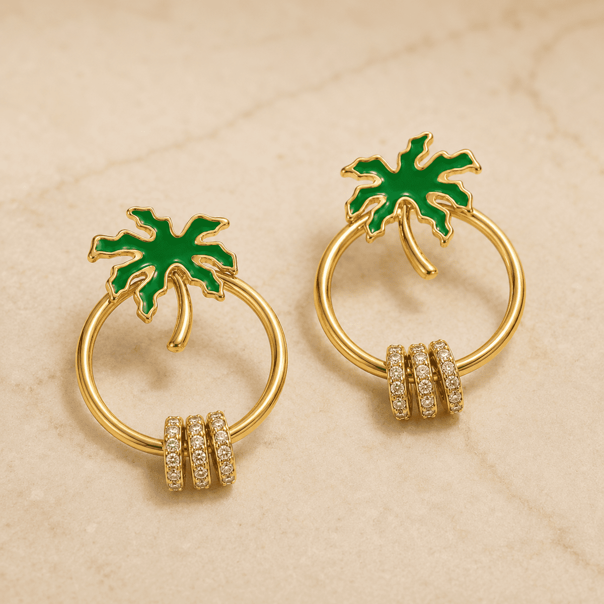The Coconut Tree Resort Hoops — Gold Plated Palm Aura Crystal Hoop Earrings by House of Zena, close-up detail