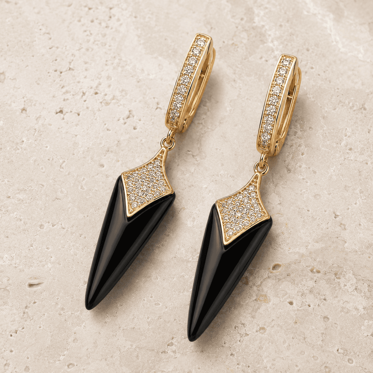 The Dark Chocolate Prism Drops — Gold Plated Prism Drop Earrings by House of Zena, worn on model