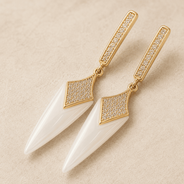 The Coconut Milk Prism Drops — Gold Plated Ivory Prism Drop Earrings by House of Zena, styled on model — Anti-Tarnish Waterproof Jewellery | House of Zena