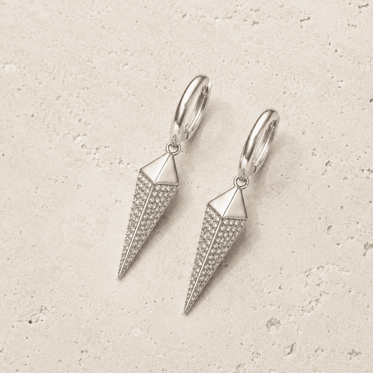 The Diamond Dust Prism Drops — Silver-Tone Silver Prism Luxe Drop Earrings by House of Zena, close-up detail