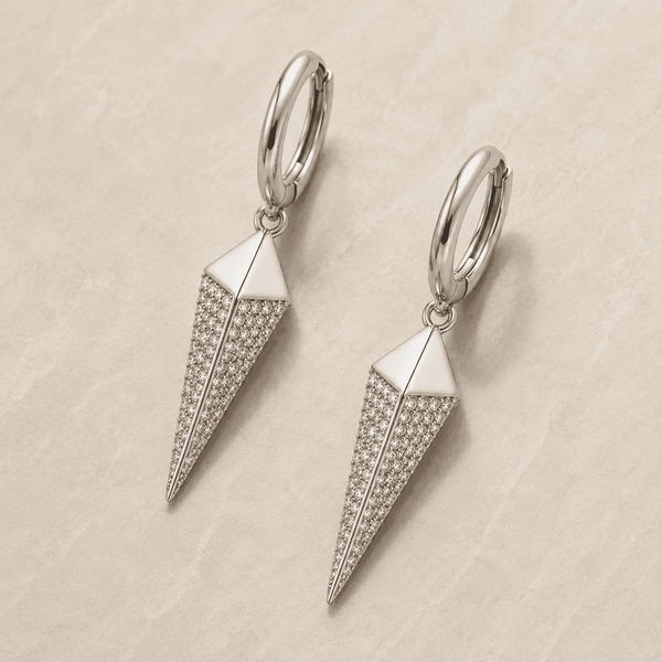 The Diamond Dust Prism Drops — Silver-Tone Silver Prism Luxe Drop Earrings by House of Zena, styled on model — Anti-Tarnish Waterproof Jewellery | House of Zena
