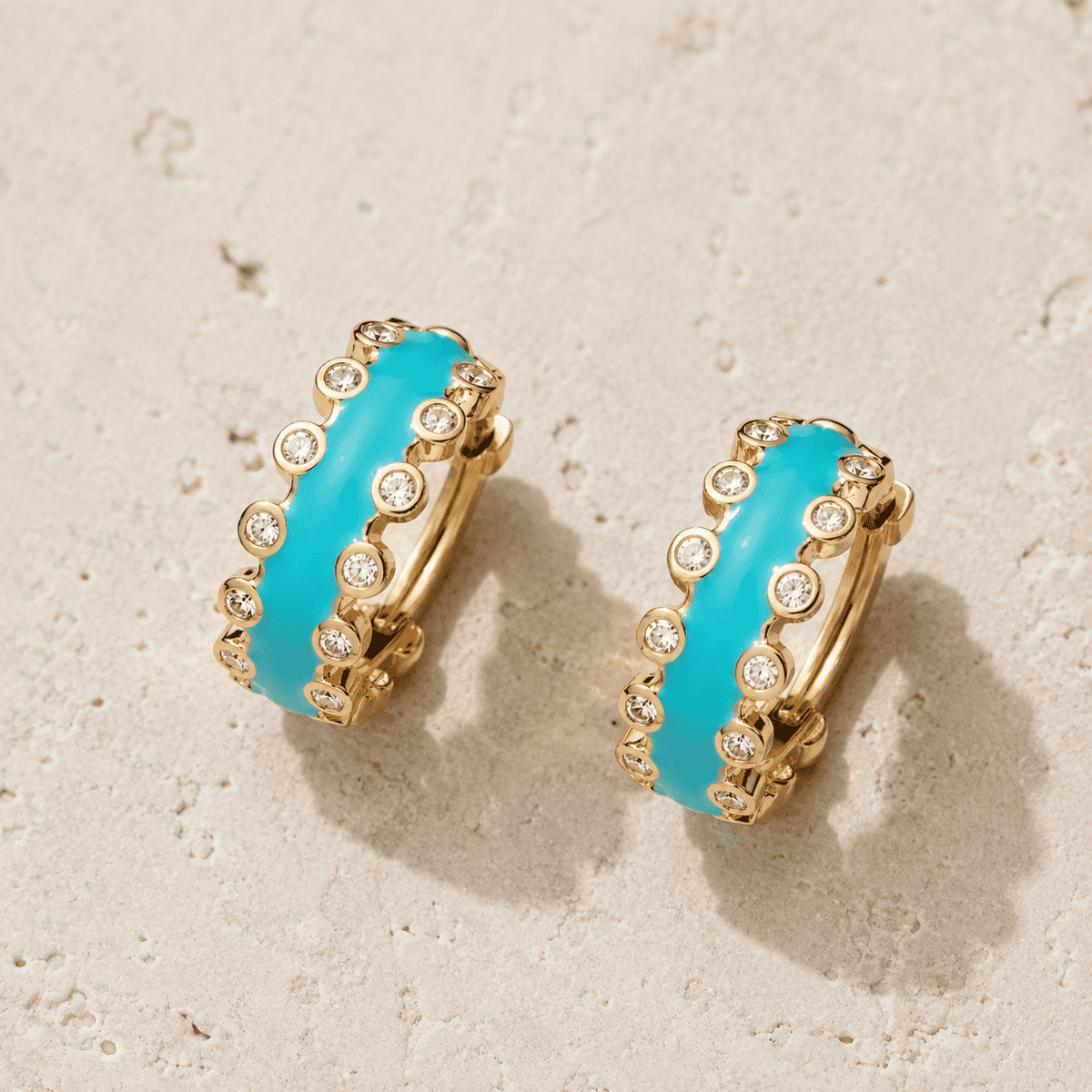 The Capri Blue Mini Hoops — Gold Plated Azure Glow Hoop Earrings by House of Zena, close-up detail