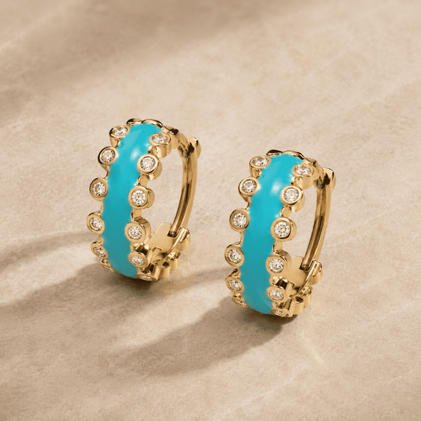 The Capri Blue Mini Hoops — Gold Plated Azure Glow Hoop Earrings by House of Zena, styled on model — Anti-Tarnish Waterproof Jewellery | House of Zena