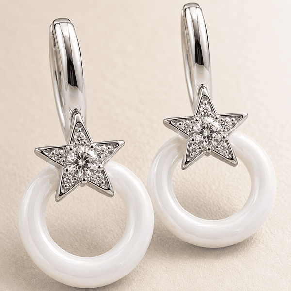 The Happy Tears Solitaire Drops — Silver-Tone Halo Drop Earrings by House of Zena, styled on model — Anti-Tarnish Waterproof Jewellery | House of Zena