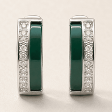 The Mint Mojito Edge Hoops — Silver-Tone Emerald Edge Hoop Earrings by House of Zena, styled on model