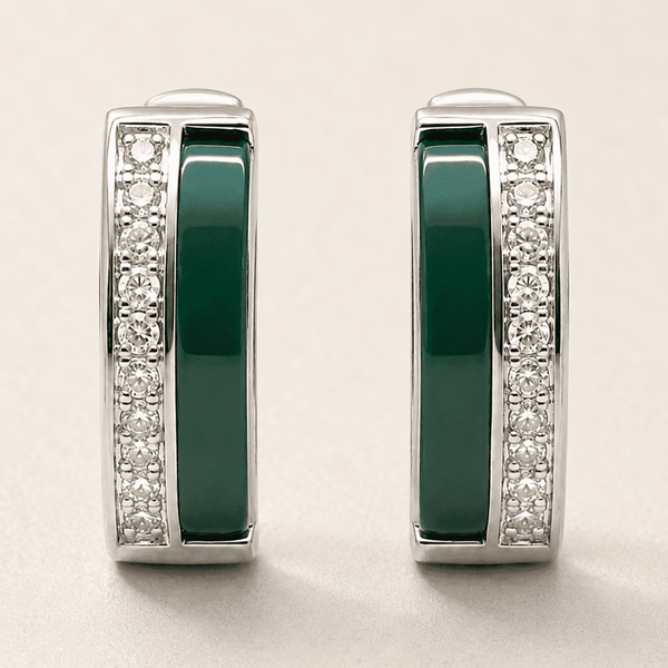 The Mint Mojito Edge Hoops — Silver-Tone Emerald Edge Hoop Earrings by House of Zena, styled on model — Anti-Tarnish Waterproof Jewellery | House of Zena