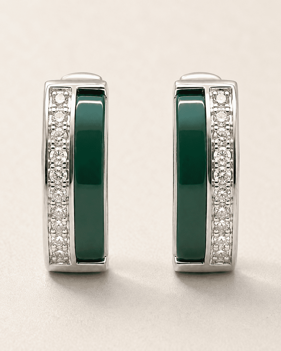 The Mint Mojito Edge Hoops — Silver-Tone Emerald Edge Hoop Earrings by House of Zena, styled on model