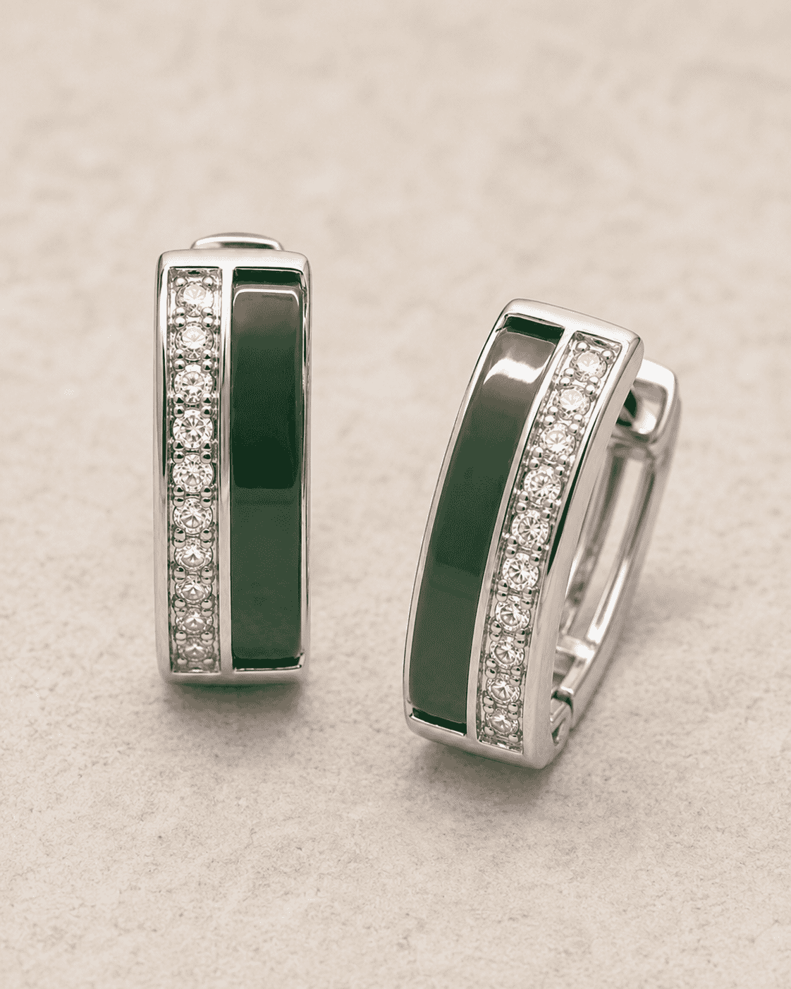 The Mint Mojito Edge Hoops — Silver-Tone Emerald Edge Hoop Earrings by House of Zena, close-up detail