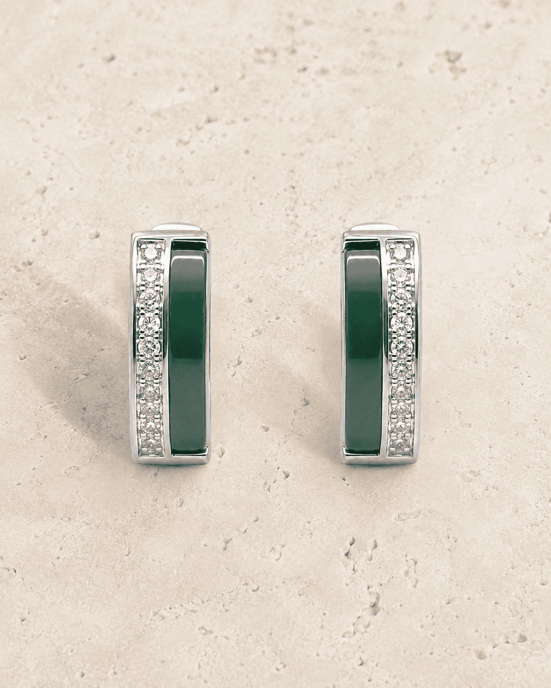 The Mint Mojito Edge Hoops — Silver-Tone Emerald Edge Hoop Earrings by House of Zena, side angle
