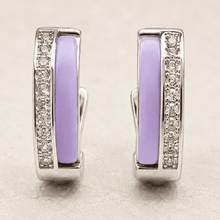 The Wild Grape Edge Hoops — Silver-Tone Violet Edge Hoop Earrings by House of Zena, styled on model
