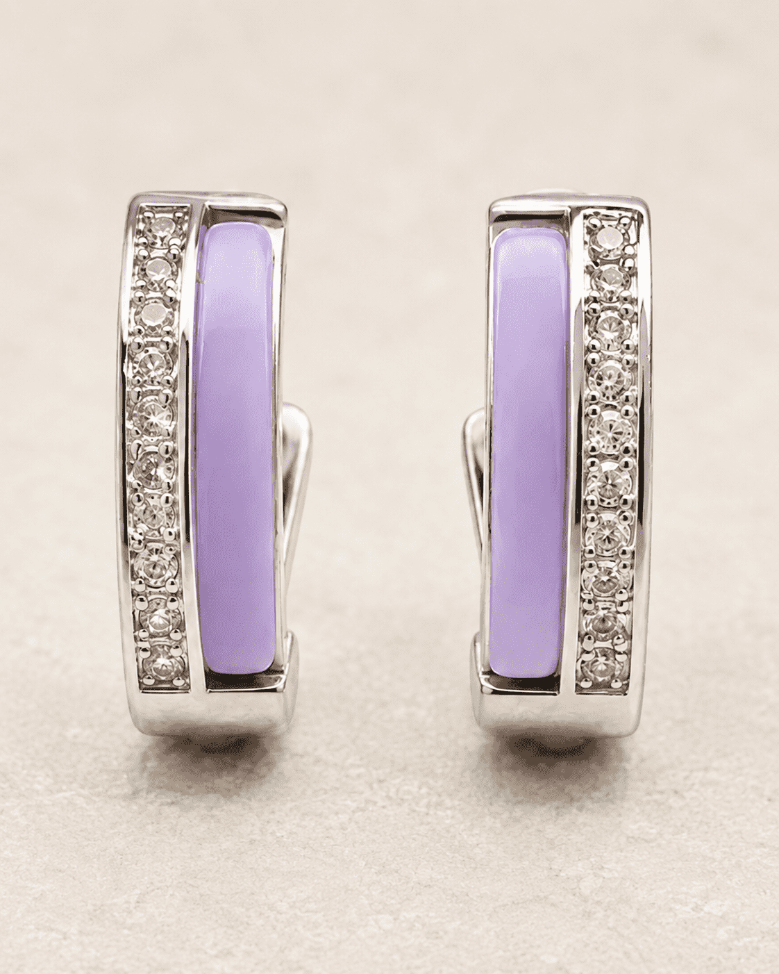 The Wild Grape Edge Hoops — Silver-Tone Violet Edge Hoop Earrings by House of Zena, styled on model