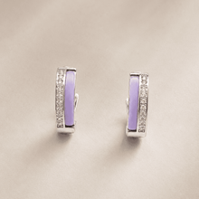 The Wild Grape Edge Hoops — Silver-Tone Violet Edge Hoop Earrings by House of Zena, worn on model