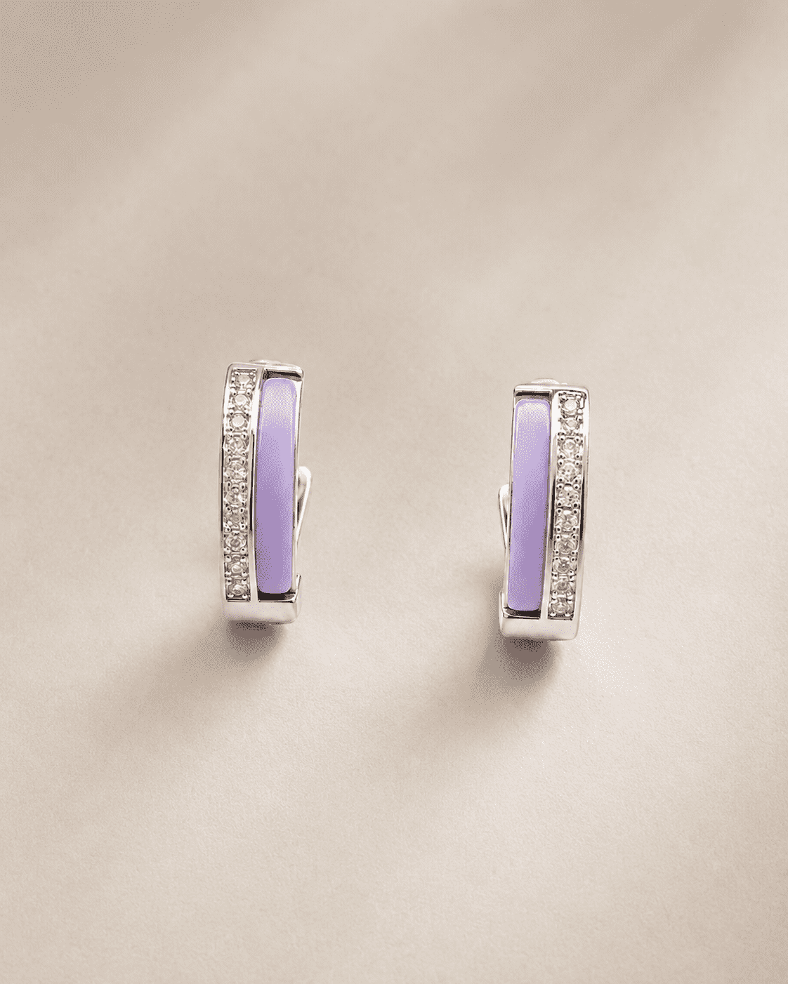 The Wild Grape Edge Hoops — Silver-Tone Violet Edge Hoop Earrings by House of Zena, worn on model