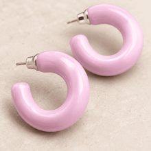 The Bubblegum Pop Hoops — Gold Plated Blush Pop Hoop Earrings by House of Zena, worn on model