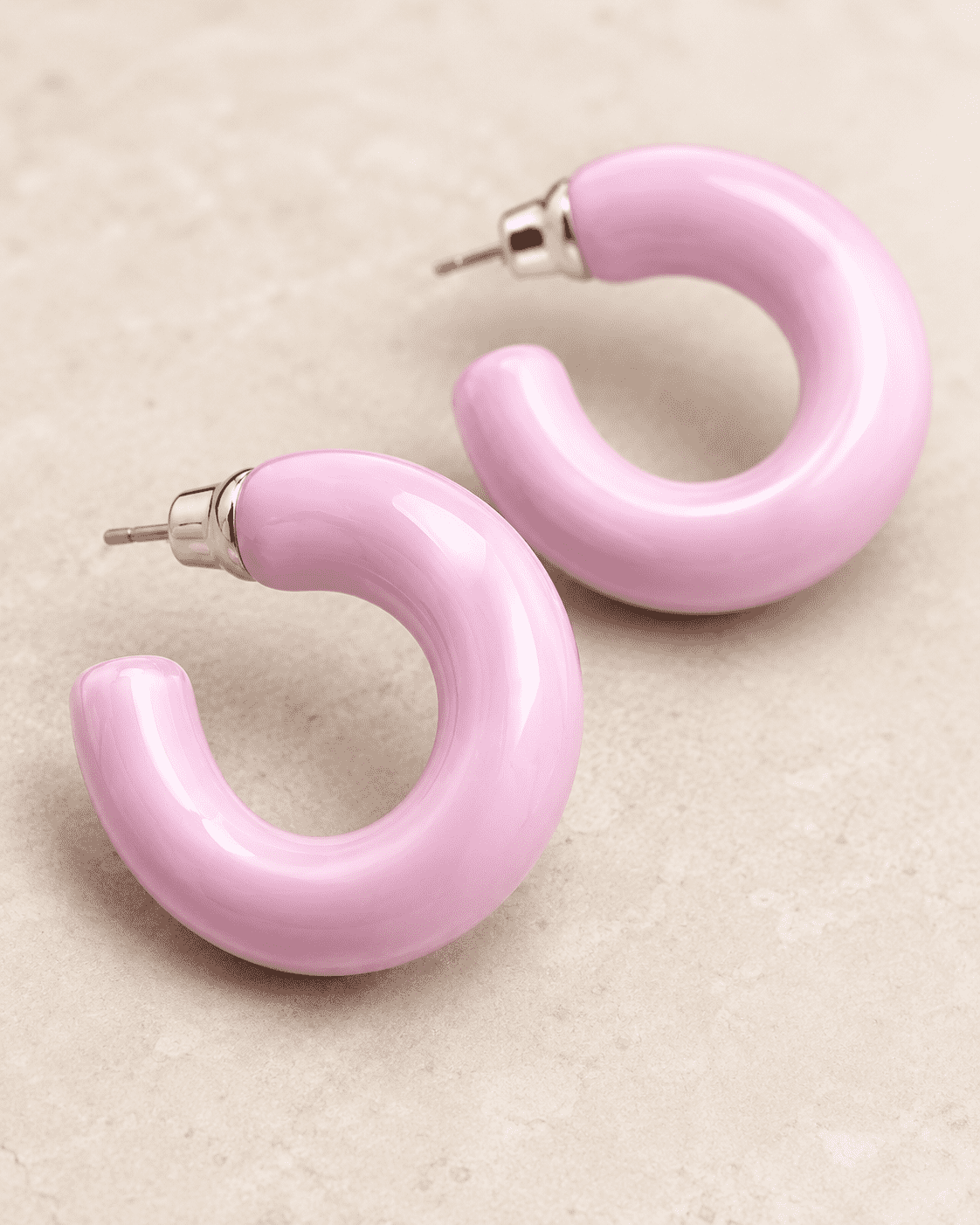 The Bubblegum Pop Hoops — Gold Plated Blush Pop Hoop Earrings by House of Zena, worn on model