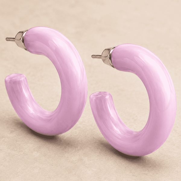 The Bubblegum Pop Hoops — Gold Plated Blush Pop Hoop Earrings by House of Zena, styled on model — Anti-Tarnish Waterproof Jewellery | House of Zena