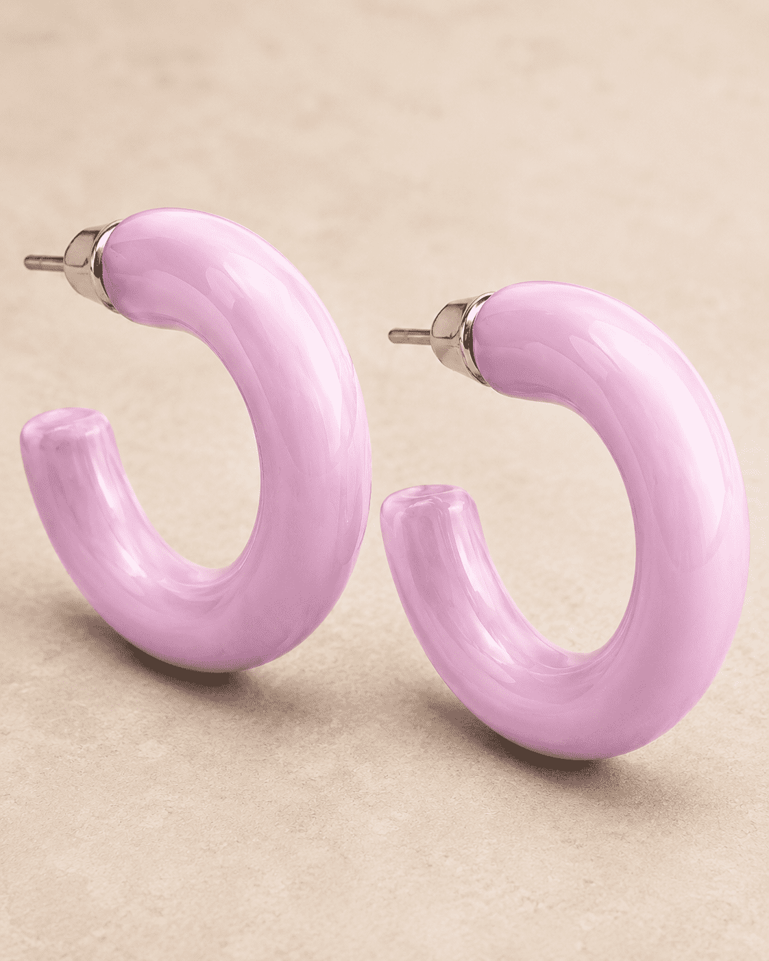 The Bubblegum Pop Hoops — Gold Plated Blush Pop Hoop Earrings by House of Zena, styled on model