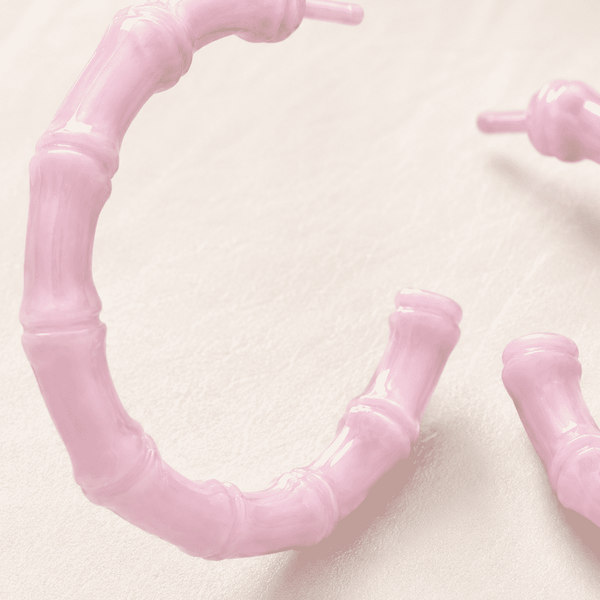 The Rose Quartz Bamboo Hoops — Gold Plated Blush Bamboo Hoop Earrings by House of Zena, styled on model — Anti-Tarnish Waterproof Jewellery | House of Zena