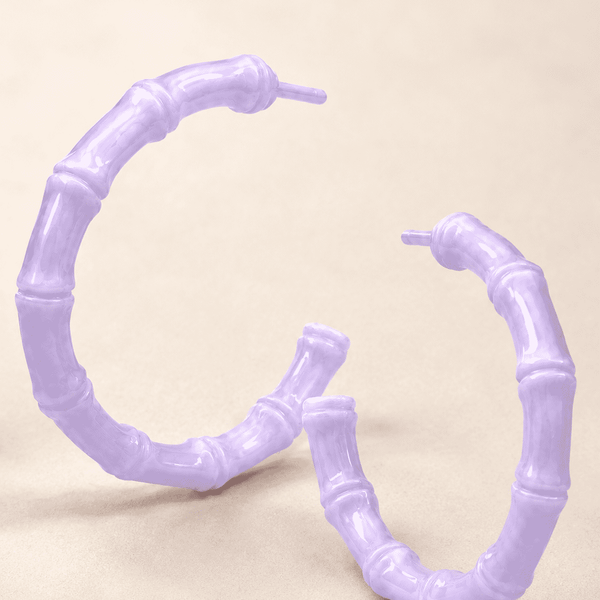 The Taro Milk Bamboo Hoops — Gold Plated Lavender Bamboo Hoop Earrings by House of Zena, styled on model — Anti-Tarnish Waterproof Jewellery | House of Zena