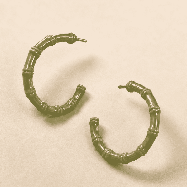 The Olive Martini Bamboo Hoops — Gold Plated Olive Bamboo Hoop Earrings by House of Zena, styled on model — Anti-Tarnish Waterproof Jewellery | House of Zena