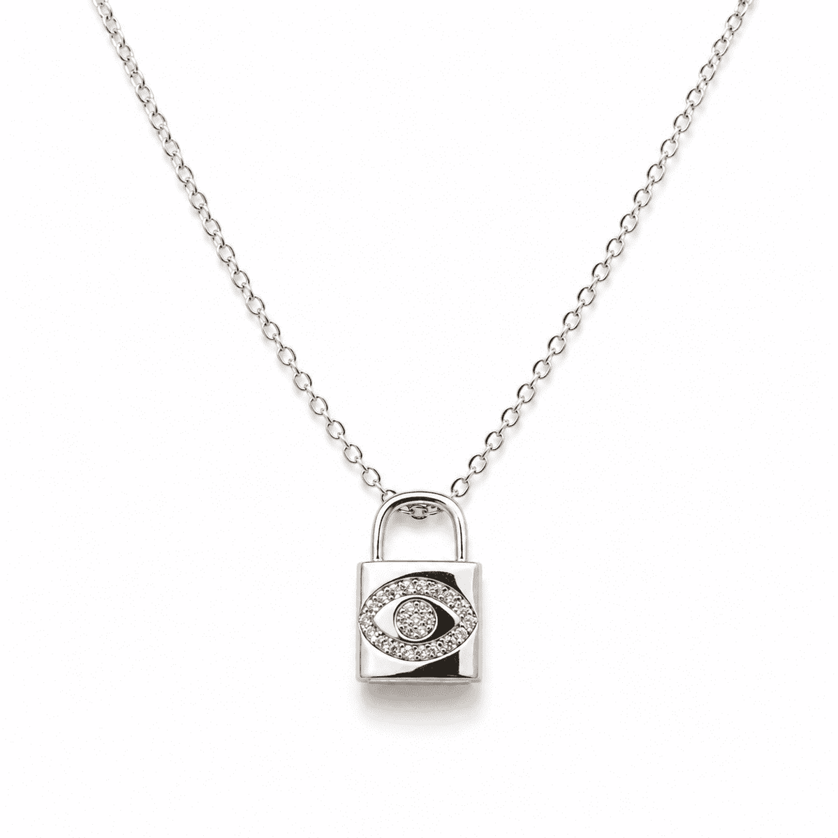 The "Mind Your Business" Padlock — Silver-Tone Lock Evil Eye Necklace by House of Zena, flat lay