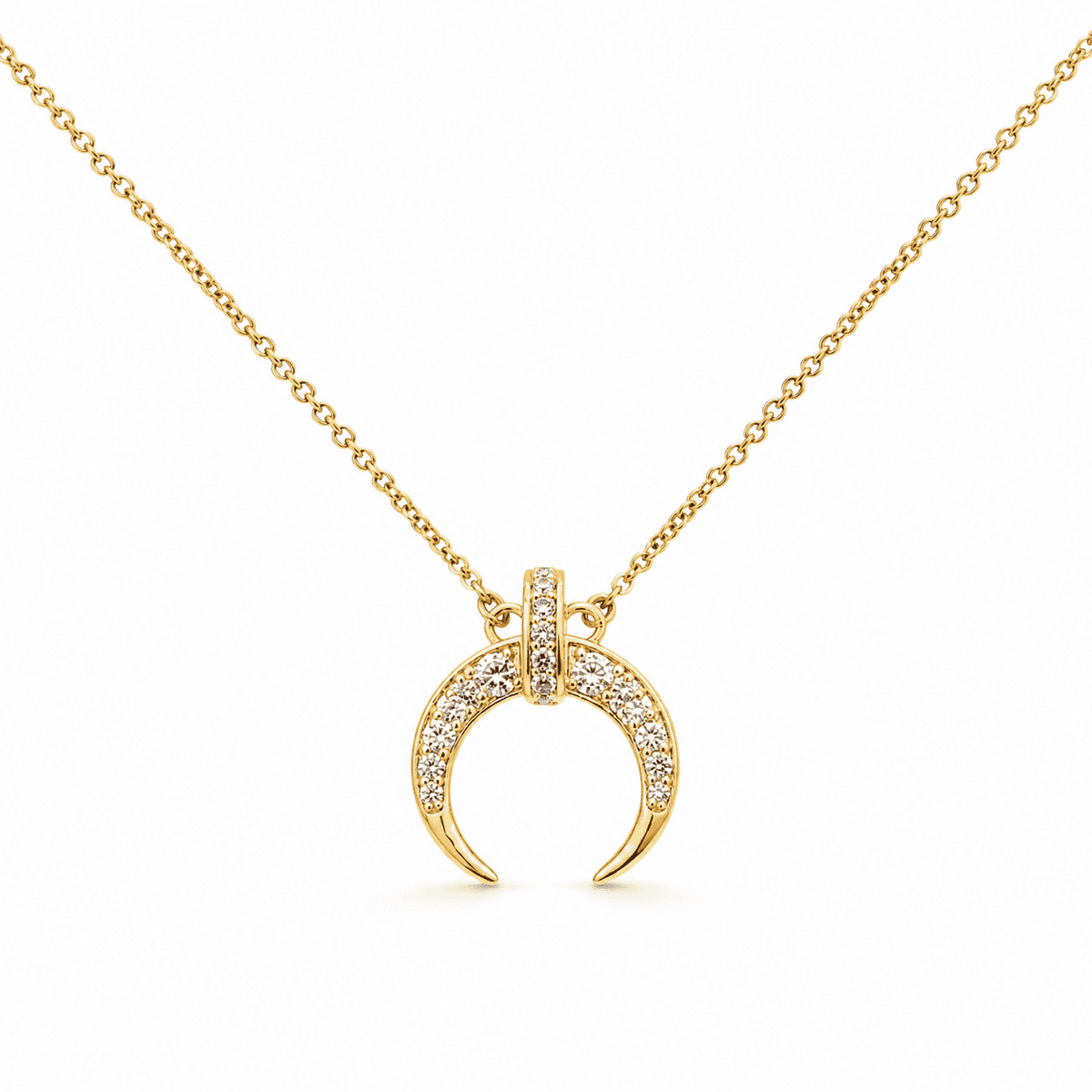 The Italian Croissant Horn Pendant — Gold Plated Crescent Necklace by House of Zena, flat lay