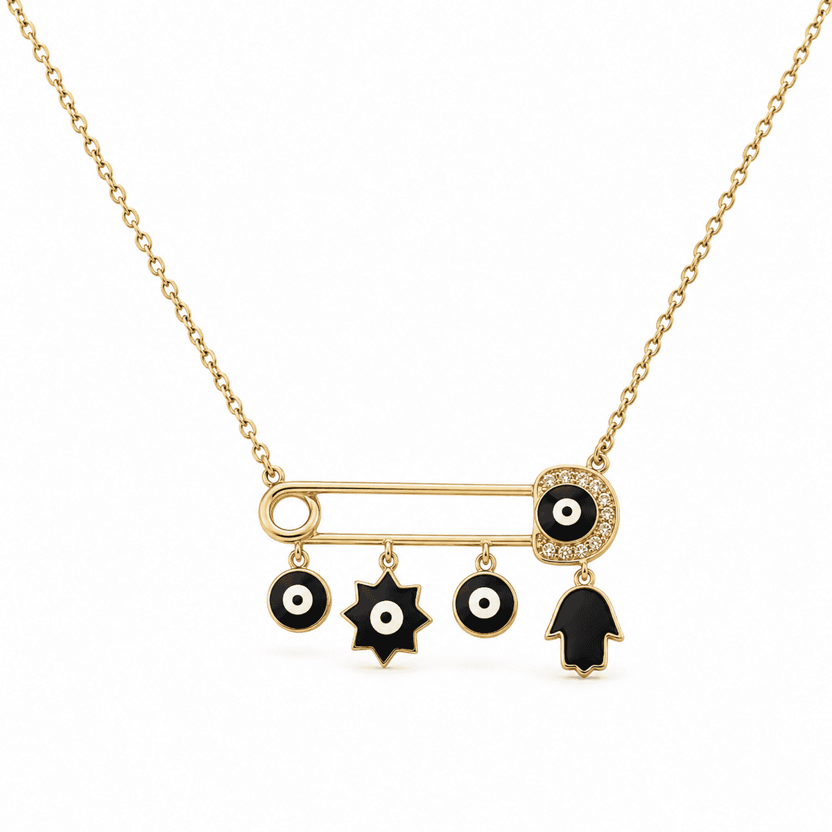 The "Bad Vibes Deflector" Medallion — Gold Plated Nazar Charm Necklace by House of Zena, flat lay