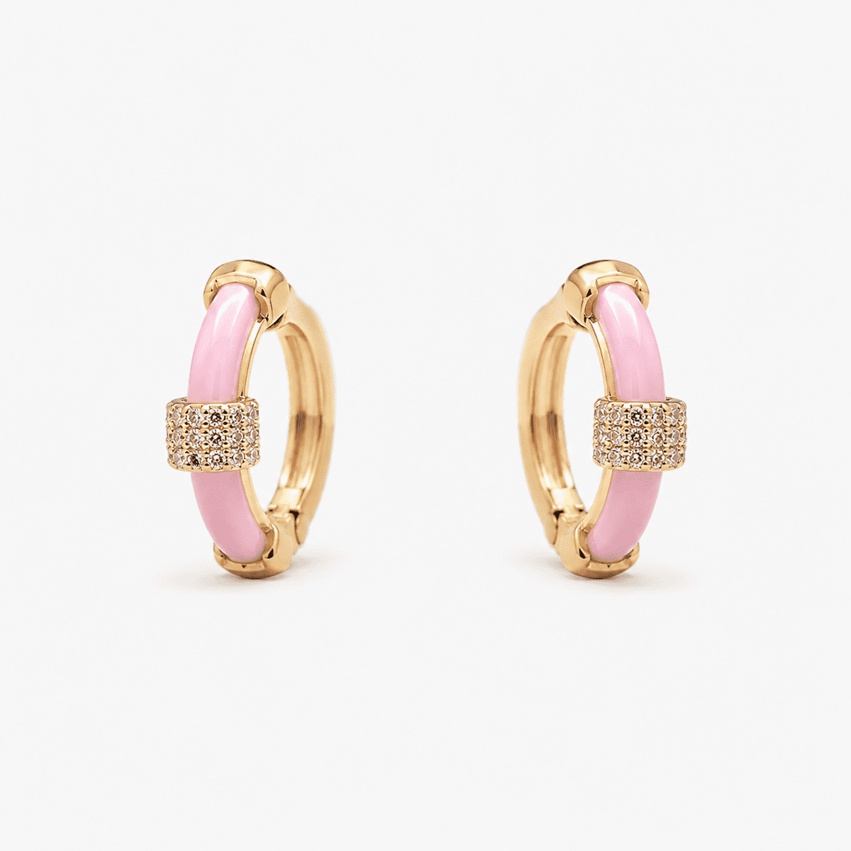 The Strawberry Milk Huggies — Gold Plated Blush Halo Huggie Earrings by House of Zena, flat lay