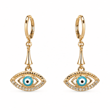 The Side-Eye Charm Drops — Gold Plated Evil Eye Drop Earrings by House of Zena, flat lay